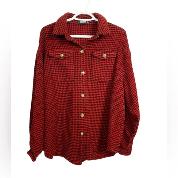MISSGUIDED oversized Shacket red and black herringbone, button down shirt - Picture 1 of 4